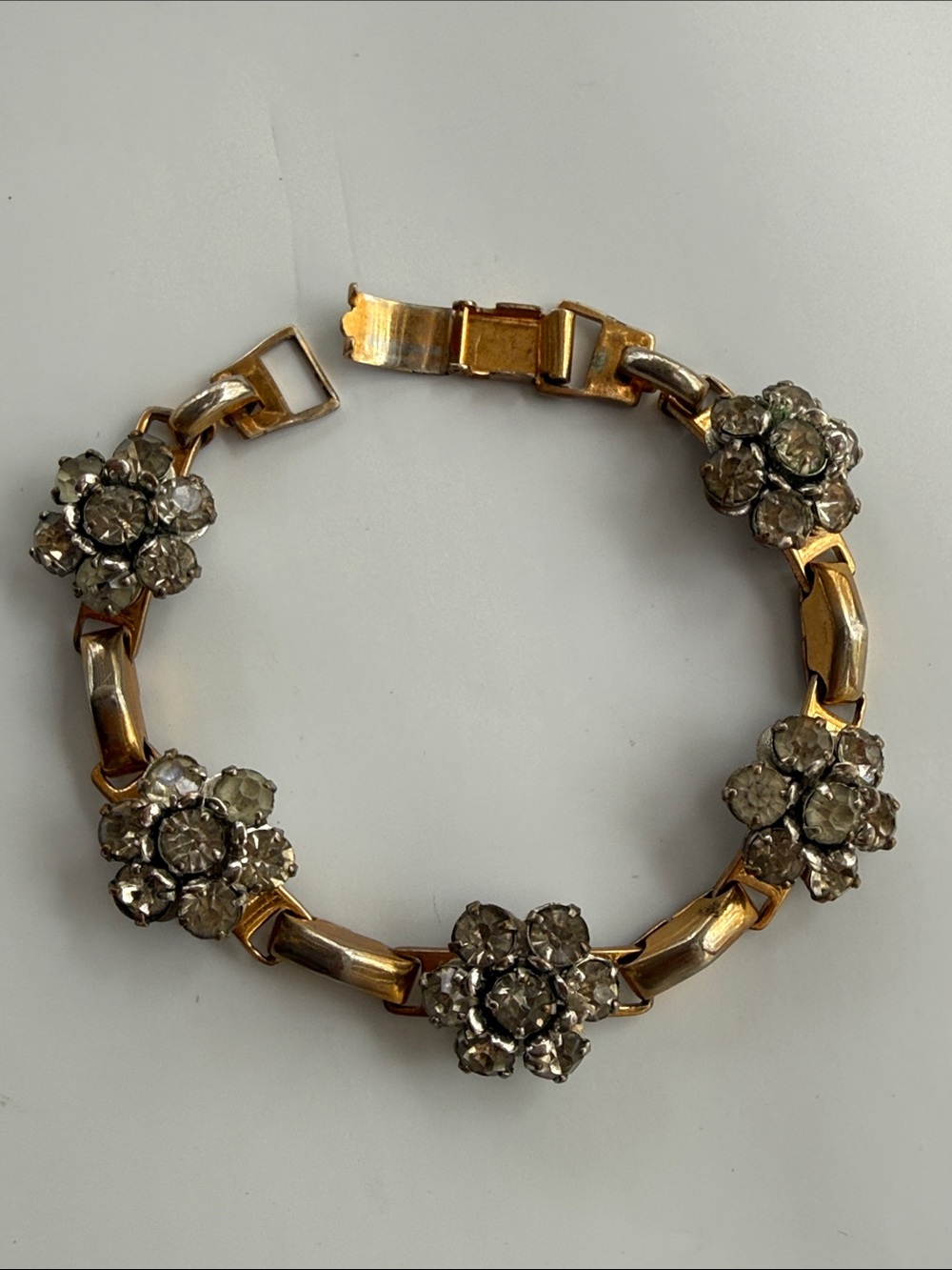 Vintage Barclay Clear Rhinestone Bracelet: floral Design, Gold Tone sign Jewelry